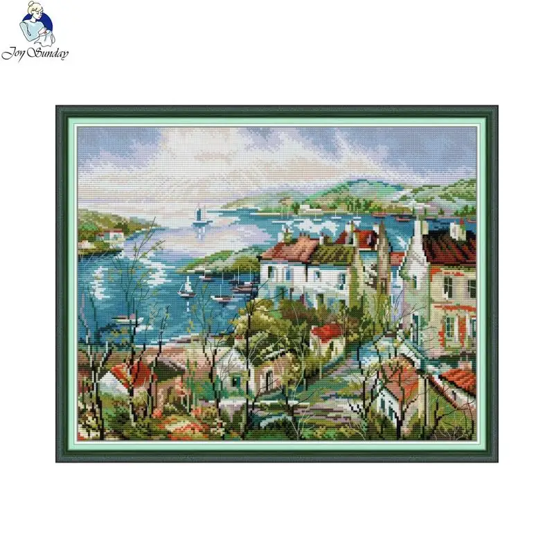 Seaside Town Scenery Pattern Joy Sunday Cross Stitch Set Aida 14CT 11CT White Count Printed Fabric Needle Thread Embroidery Kits