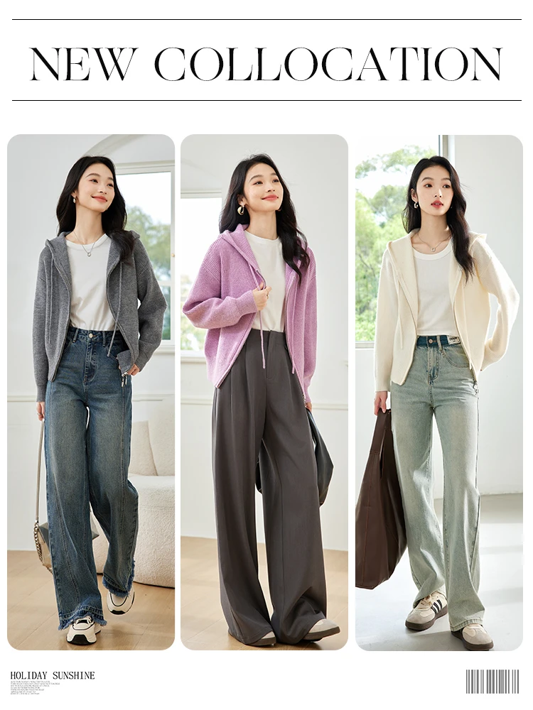 

Vimly Lazy Sle Hooded Knitted Cardigan Women's Early Spring Casual Loose ort Top Faionable Commute Pure Color Zipper