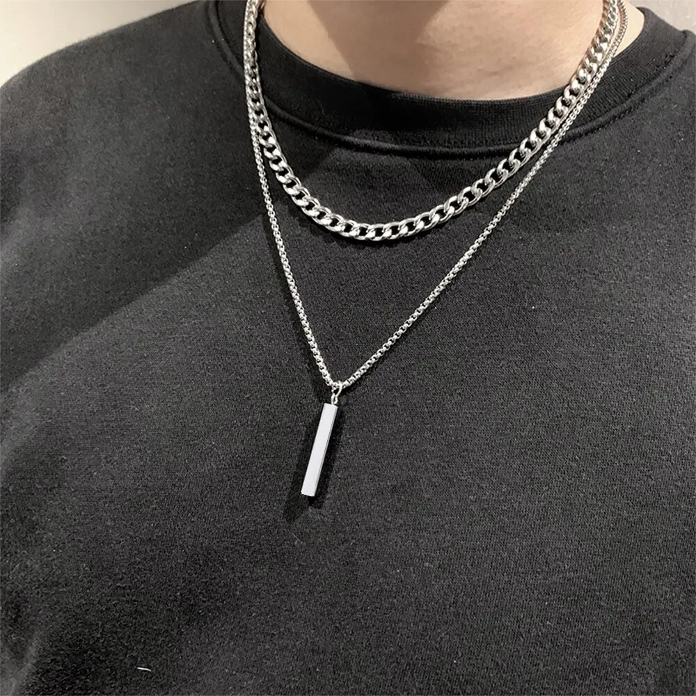 Men 3D Vertical Necklace Geometry Stainless Steel Cuban Necklace Temperament Cool Vertical Pendant Necklace