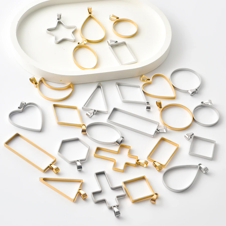 6Pcs Stainless Steel Geometric Hollow Flat Bezel Pendant Round Heart Resin Blank Frame Setting Charms Jewelry Making Wholesale