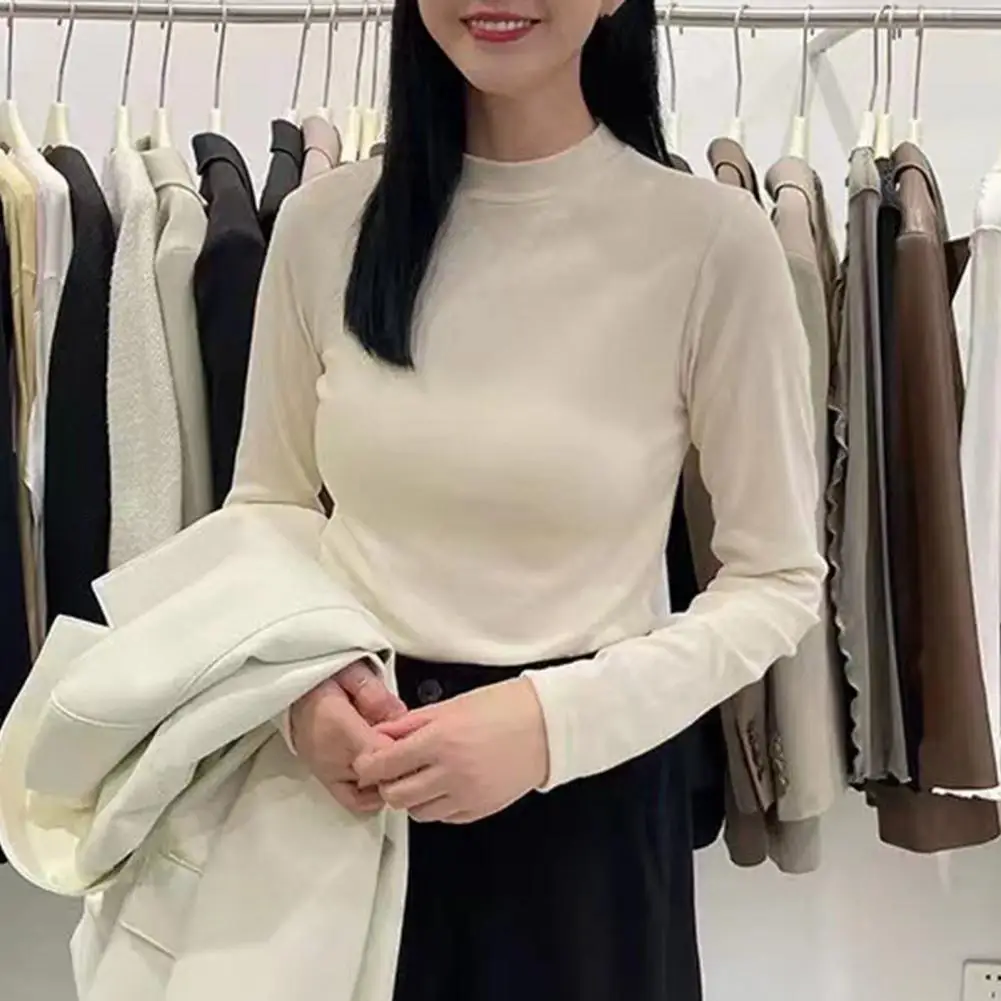 

Soft Stretchy T-shirt Elegant Stand Collar Women's Sweater Blouse for Fall Winter Soft Warm Solid Color Pullover with Slim Fit