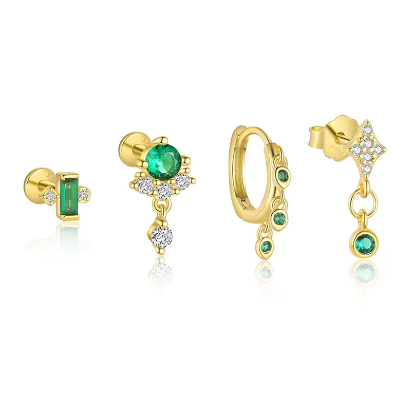 

SOFTPIG 1 Pcs Real 925 Sterling Silver Emerald Geometry 18K Gold Stud Earrings for Women Fine Jewelry Light Luxury Accessories