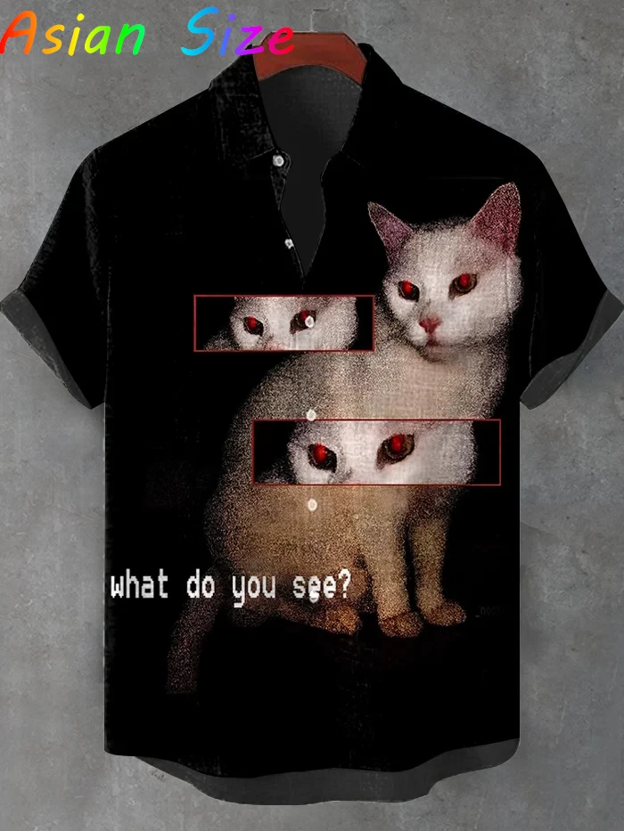 

Гавайские рубашки Мужская рубашка с принтом кота-мема Модная рубашка с короткими рукавами на пуговицах Крутой дизайн Гавайская рубашка унисекс с лацканами