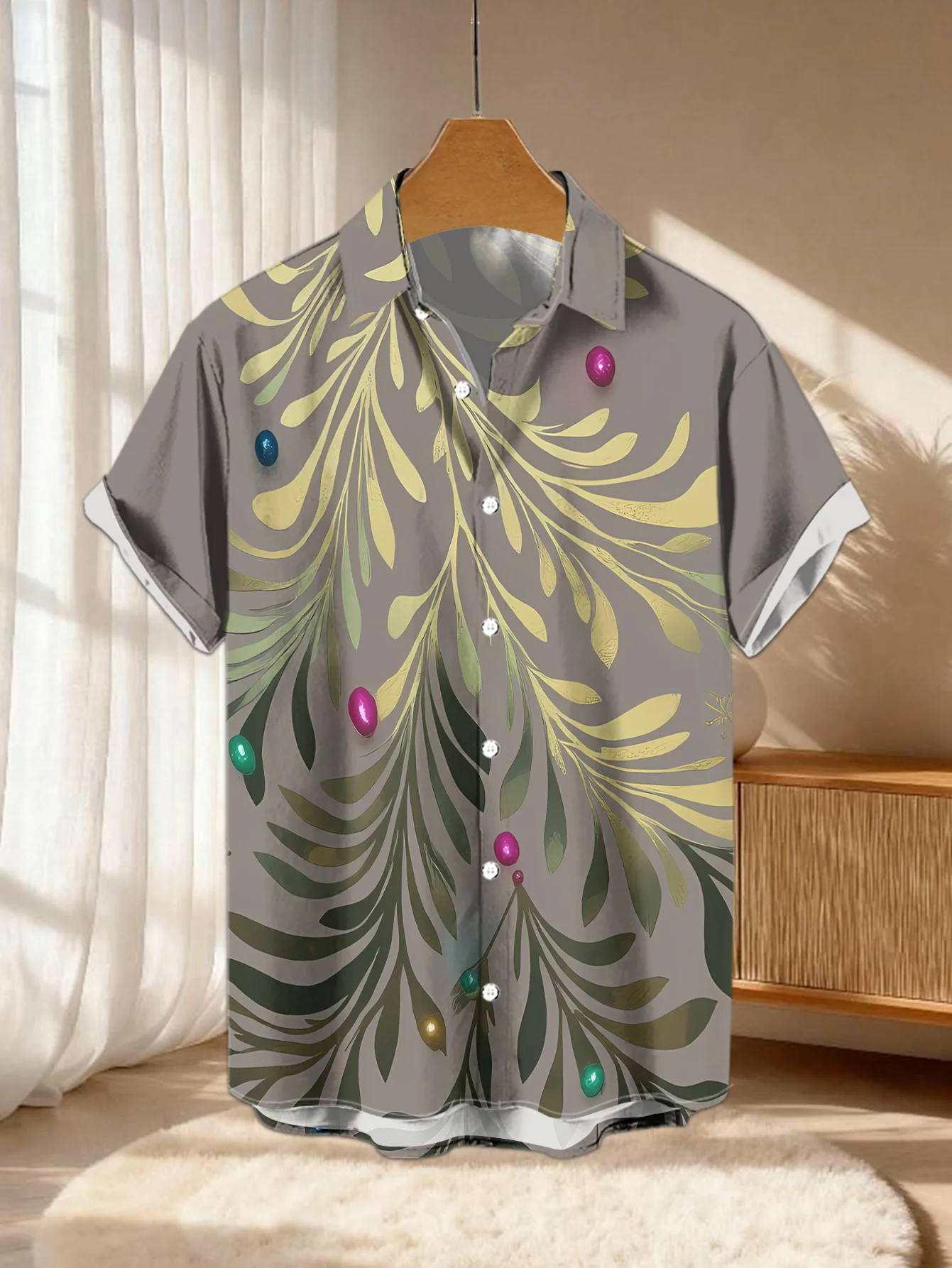 Men Short Sleeve Shirt Christmas Leaf Bauble Print Lapel Casual Holiday Party Button Down Tops Men's Clothing