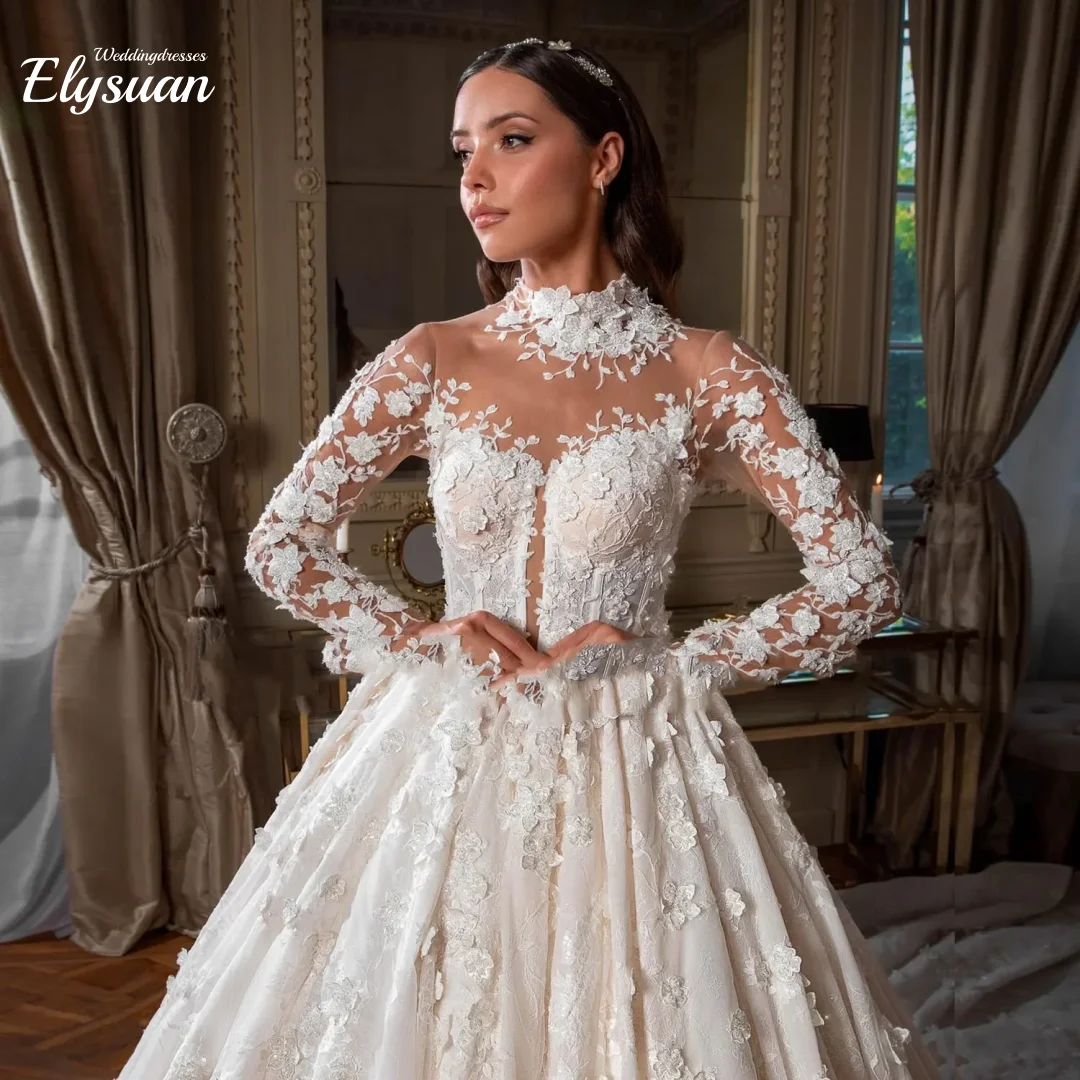Aangepaste hoge hals baljurk trouwjurken handgemaakte bloemen lange mouw vintage bruidsjurken vestidos de