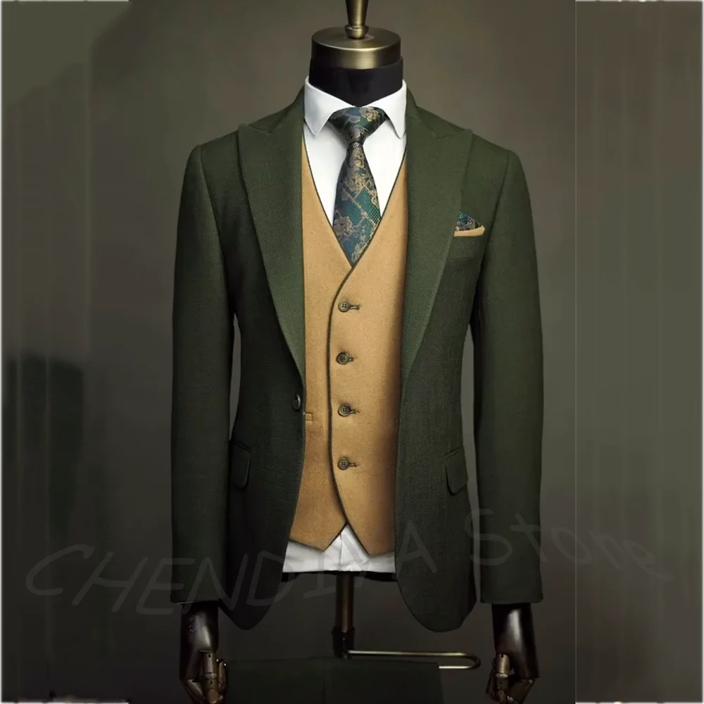 Business Suit For Men Work Slim Fit Peaked Lapel Single Button Formal Outfit Three Pieces British Style Chic Clothes Set