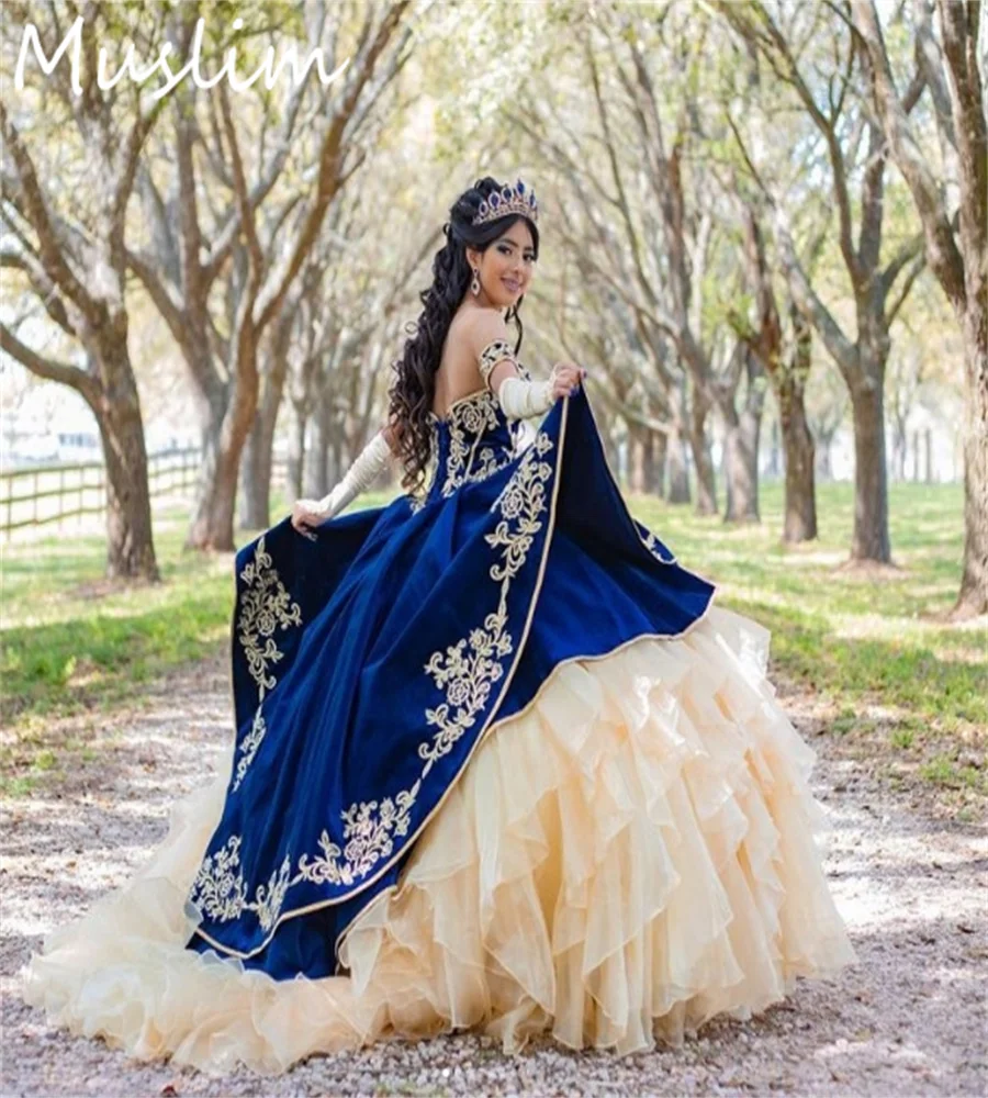 Charro Navy Blue Gold Quinceanera Dresses Mexican Embroidery Organza Ruffles Birthday Party Vestidos De 15 Años Customized