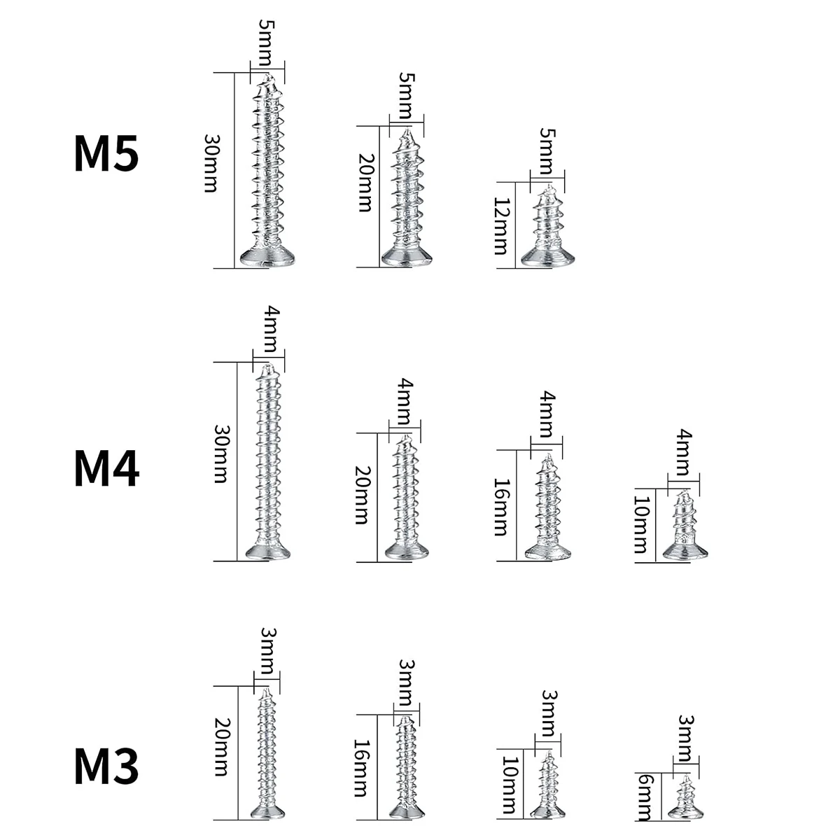 305Pcs M3 M4 M5 Self Tapping Mixed Screws Assortment,Cross Flat Pan Head Countersunk Screws Kit