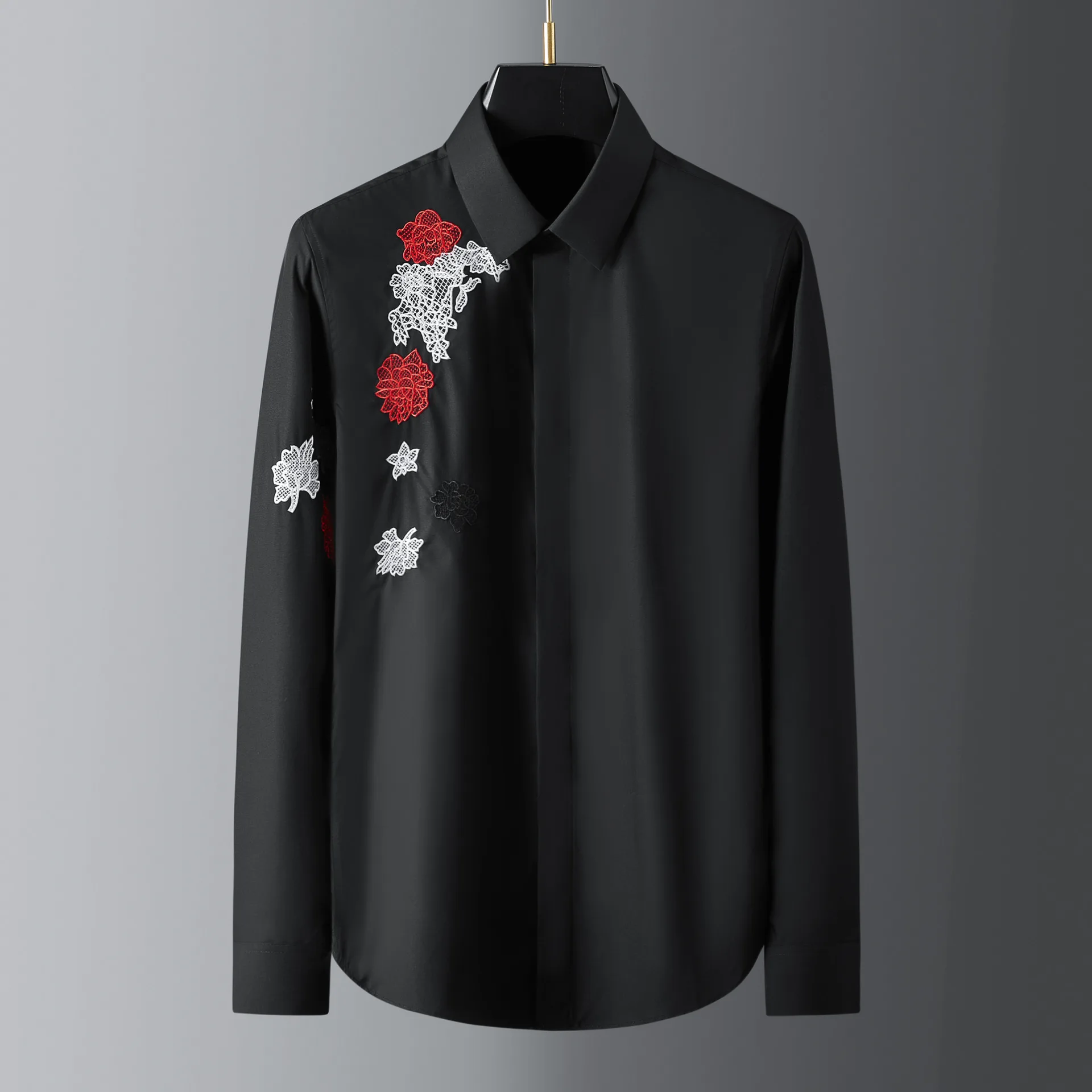 Trendy brand new arm front exquisite floral embroidery stylish men's fashionable long sleeved shirt