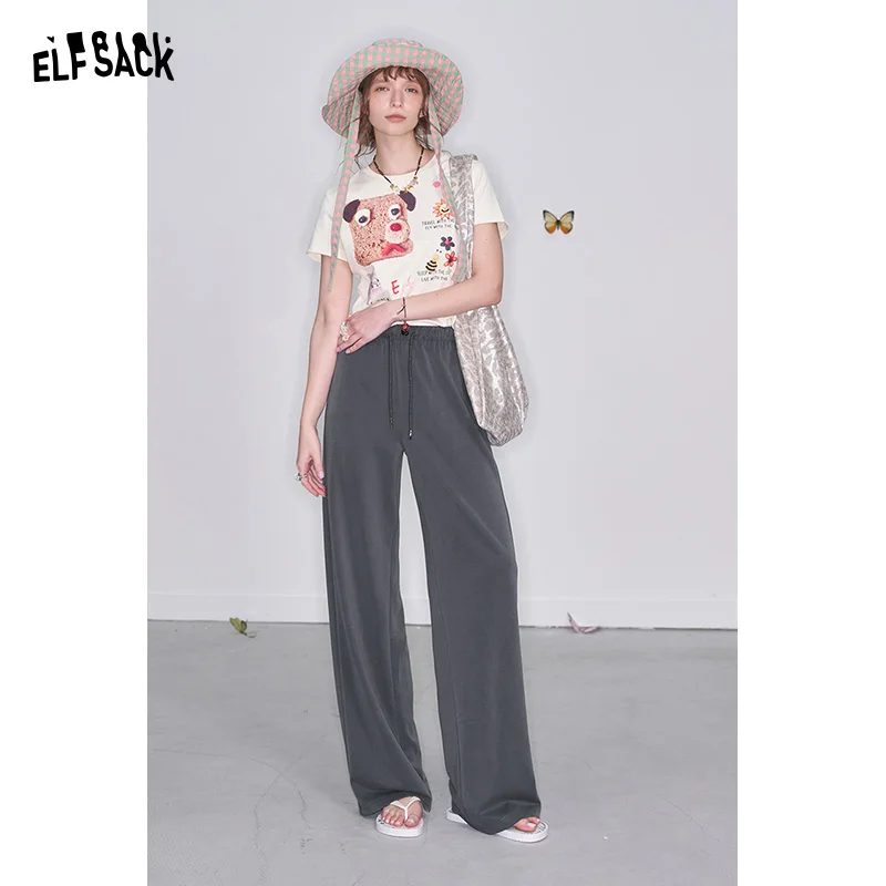 ELFSACK 2025 Spring New Arrivals Y2K Retro Grey High Waist Drawstring Straight Pants Women Loose All-match Sweatpants