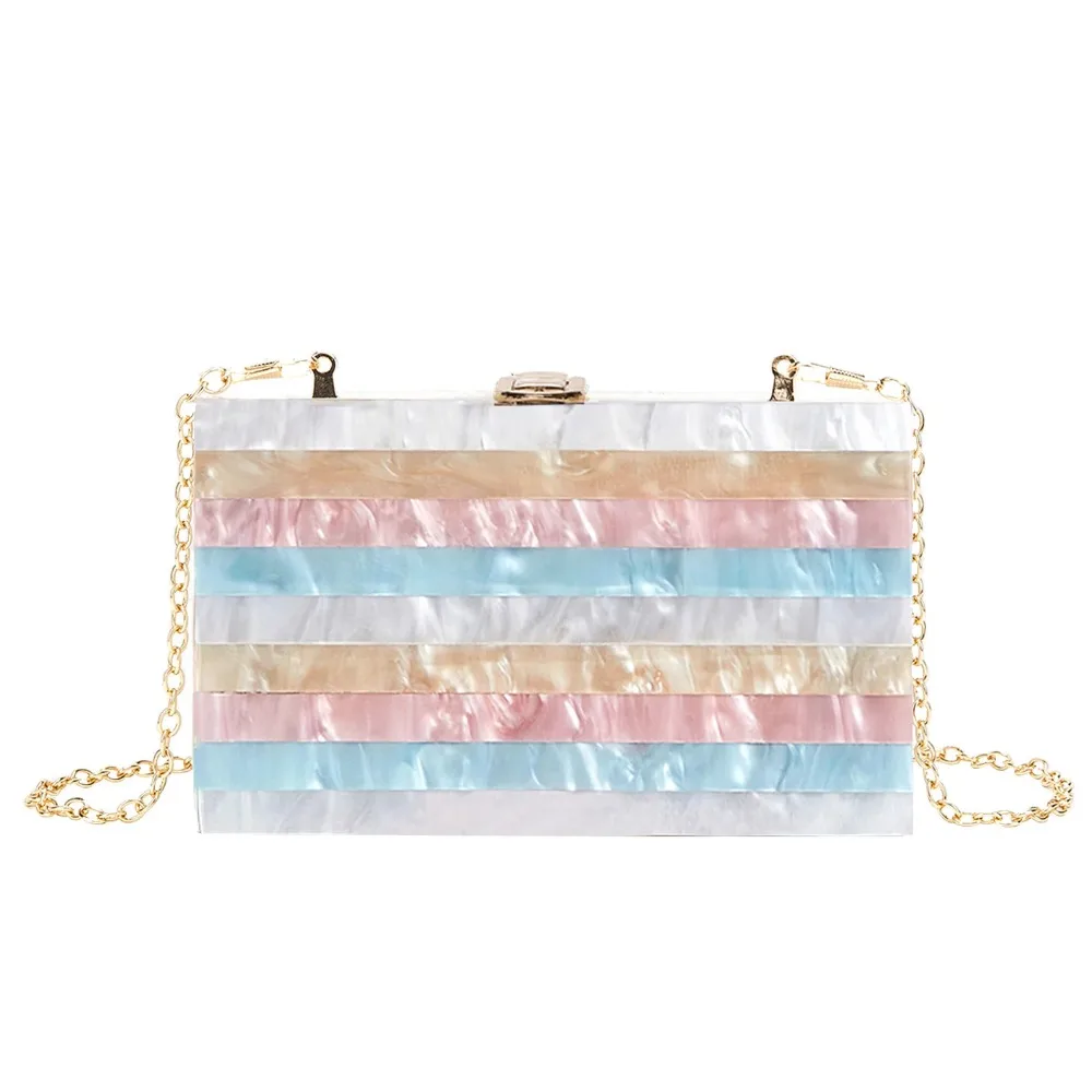 New Fashionable Ladies' Stripe-Spliced Pearlescent Acrylic Clutch and Crossbody Bag for Evening Parties
