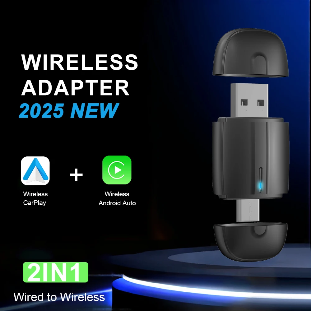 2025 Mini 2 in 1 Ai Box سلكي إلى CarPlay اللاسلكي ونظام Android Auto محول 5Ghz WiFi Type-C/USB التوصيل والتشغيل اتصال غير حثي