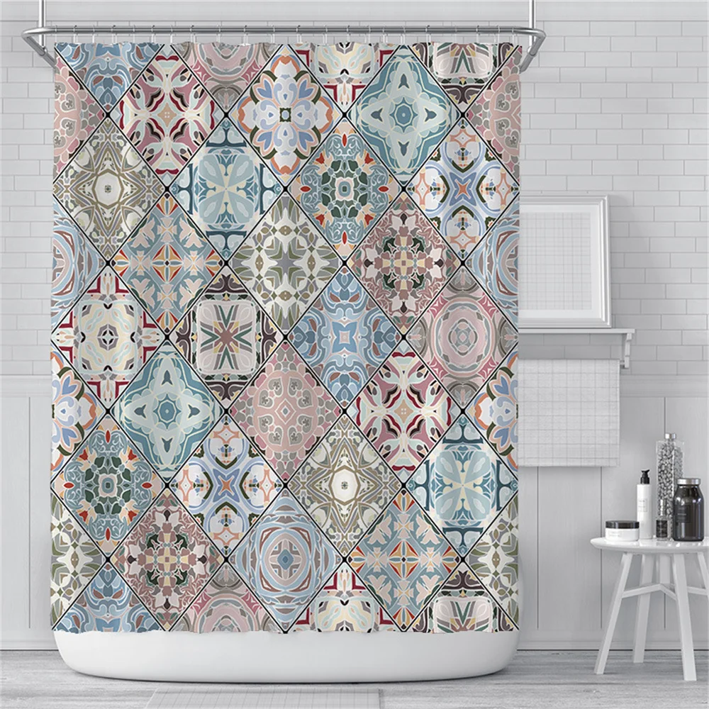 Patchwork Bathroom Curtain Mesh Floral Pattern Shower Curtain Bathroom Polyester Waterproof Fabric Trim with Hooks Bath Curtain