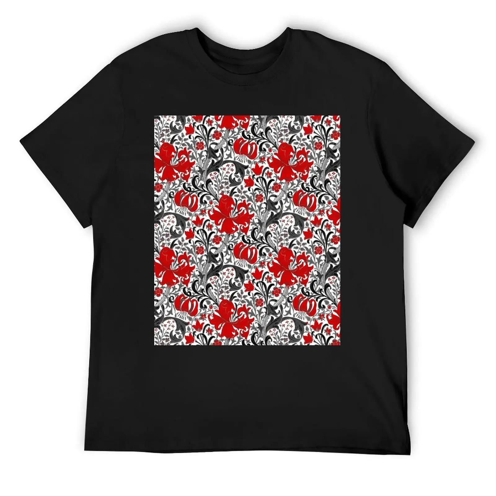 

William Morris Iris and Lily, Black, White and Red T-Shirt customs oversized mens clothing