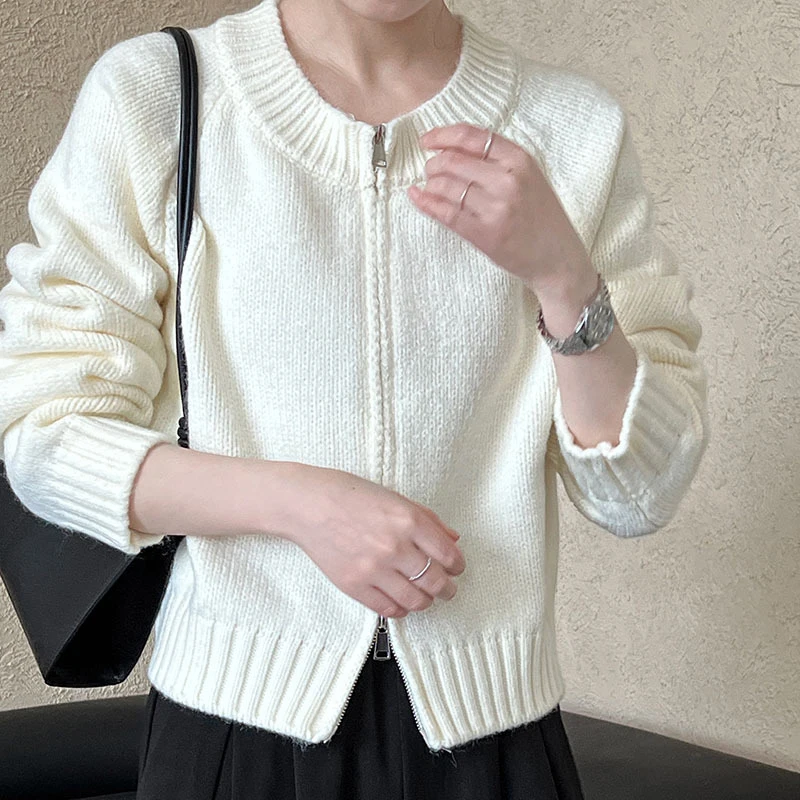 2024 Women Autumn O-Neck Two Zipper Design Cardigans Coat Yellow Beige Sweater Winter Cape Women Winter Clothes Tops