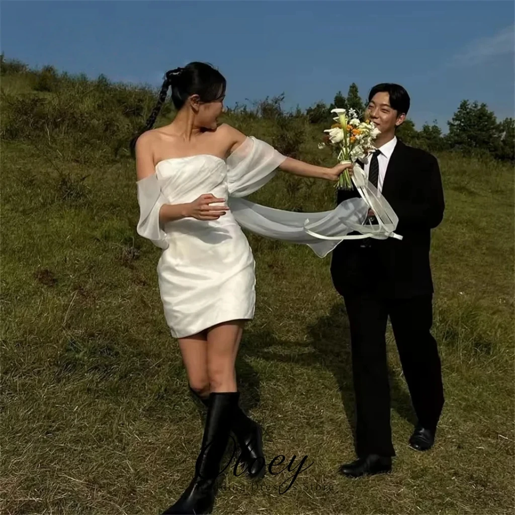 OLOEY Simple Off The Shoulder Satin Korea Wedding Dress Photo Shoot A-Line Short Sleeve Garden Bridal Gown Customized 웨딩드레스