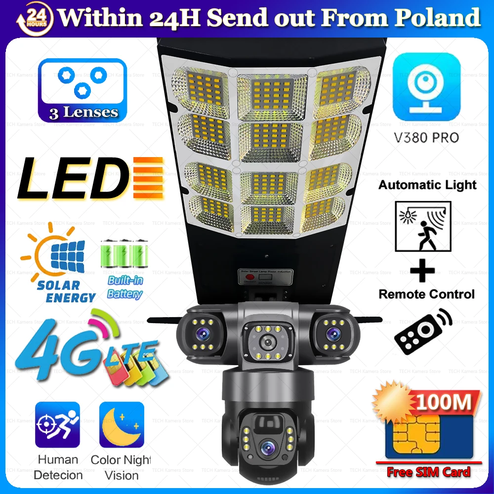 Caméras solaires 4G 2-en-1 avec éclairage public, 3 objectifs HD, vision nocturne, protection de sécurité intelligente pour la maison, caméras IP CCTV sans fil PTZ 360° avec télécommande, étanches, carte SIM offerte, surveillance solaire 100M avec objectif Rri-lens