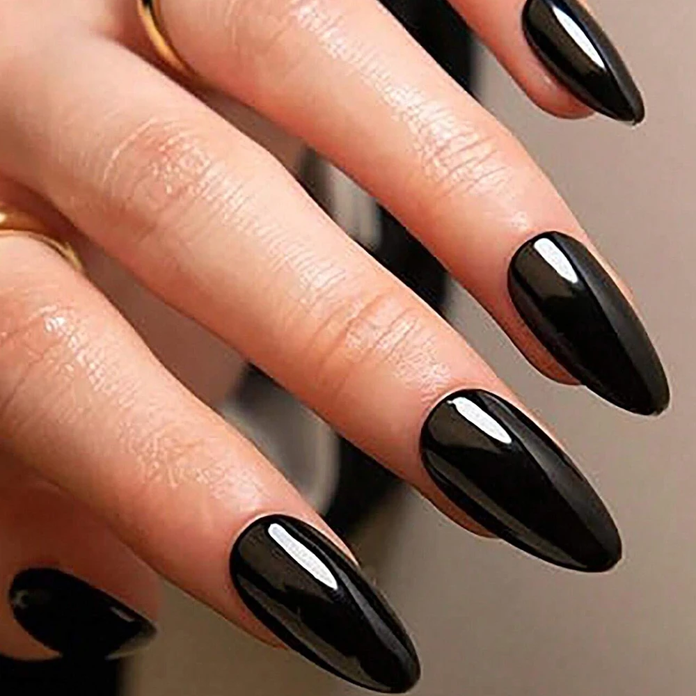 100pcs Black Almond False Nails Full Cover Acrylic Fake Nail Tips Women Nail Decoration Resuable Wearing Nails Press On Nails