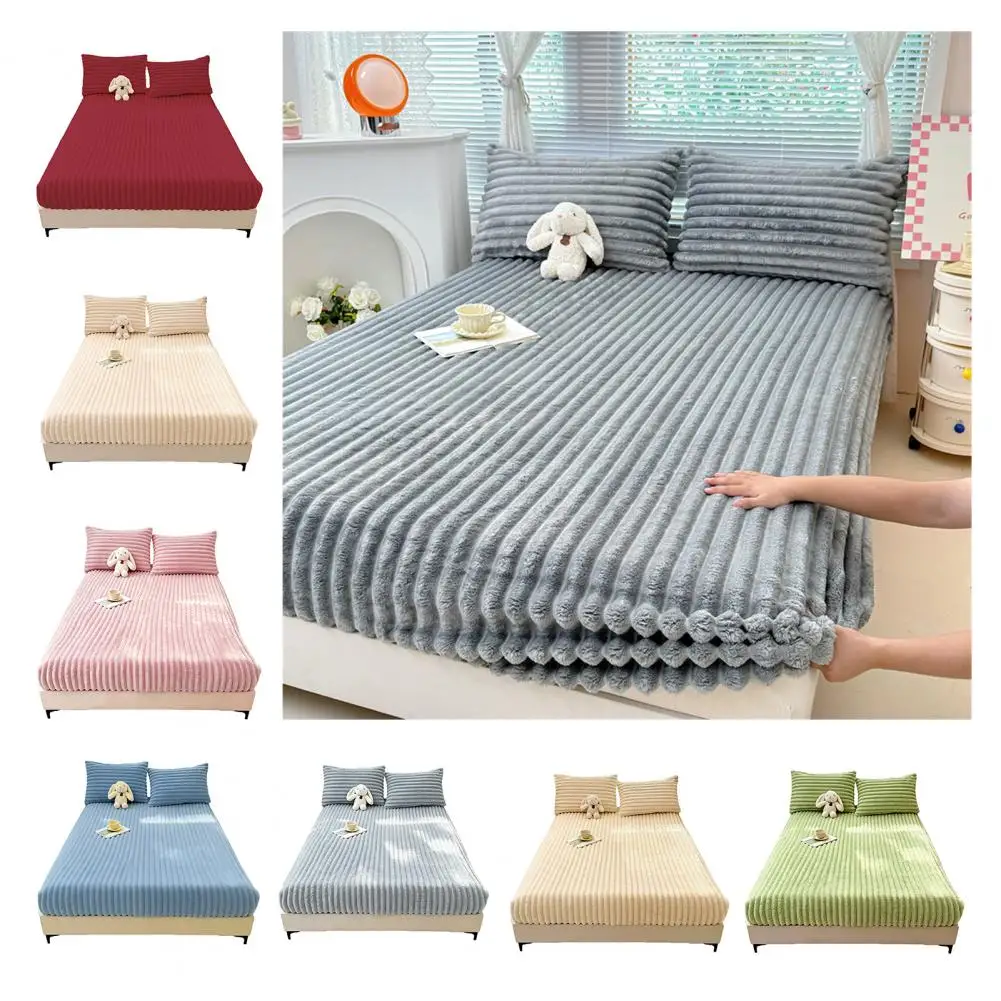 Soft Warm Plush Mattress Protector Cover Milk Velvet Striped Fitted Sheet Bedcover Elastic Warm Bedsheets Bed Protection Pad New