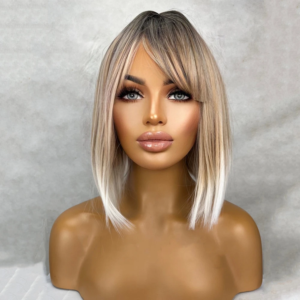 Short Straight Bangs Wig Ash Blonde White Balayage Highlights Bob Wig 12\