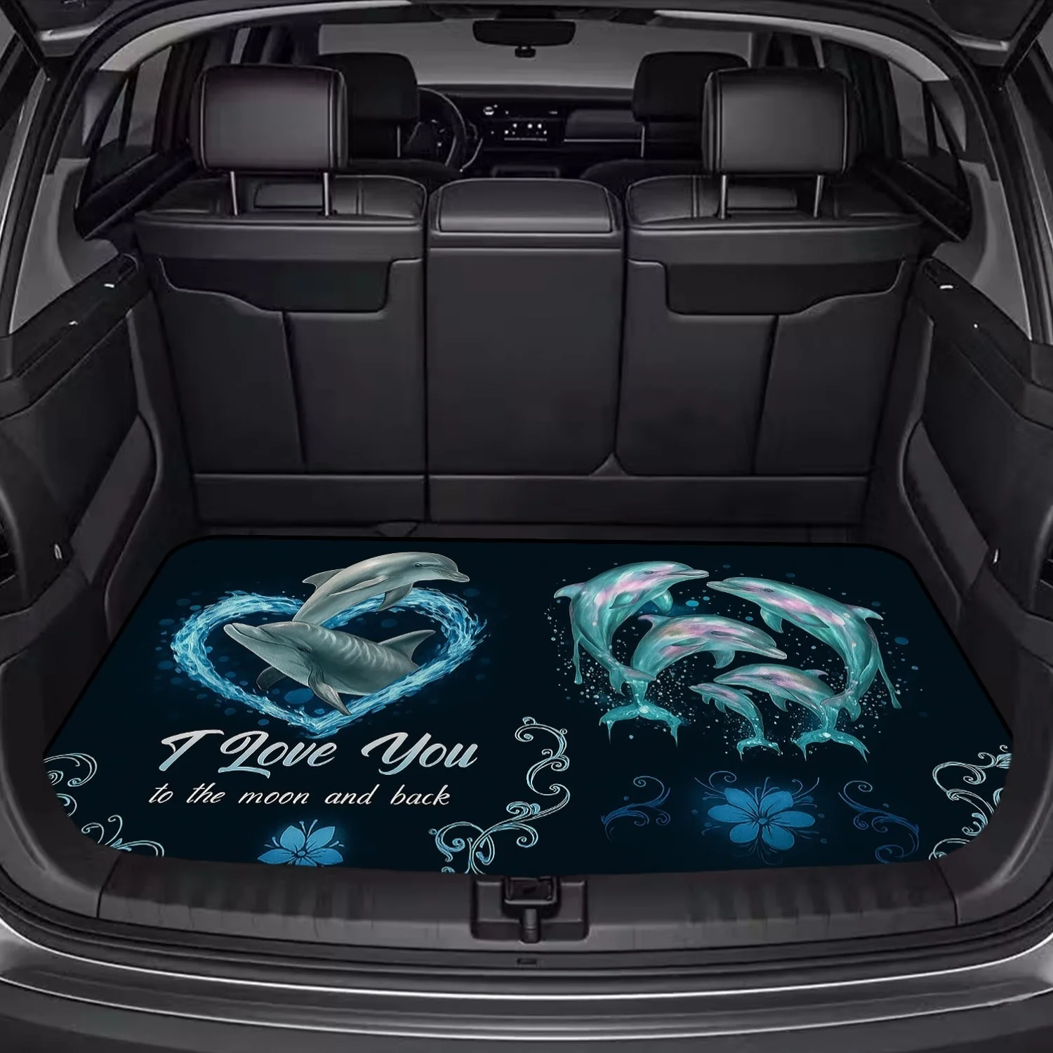 Car Trunk Mat, Dolphin Heart Water Pattern Letter Print Cargo Liner, Non-Slip Rear Trunk Protector, Women Car decor, Car Accessories, Interior Decoration Mat, Universal Fit For SUV Sedan Truck, Ocean Love T