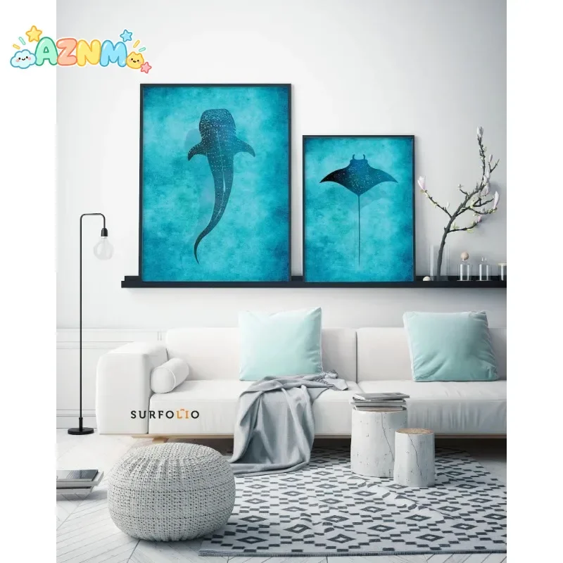 Blue Watercolor Ocean Marine Organism Whale Shark Manta Rays Poster Sea Beach Surf Canvas Painting Wall Art for Room Home Dec
