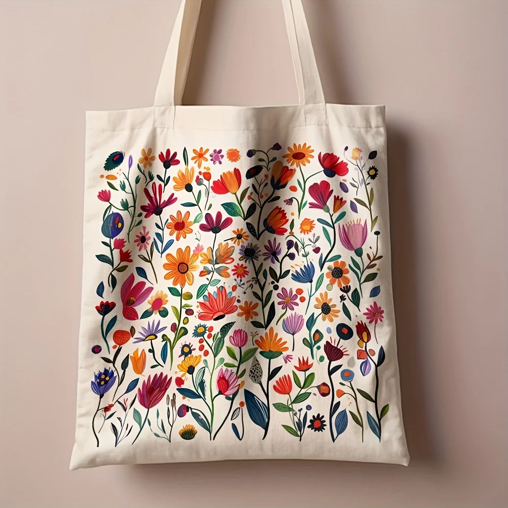 1pc Colorful Floral Canvas Tote Bag - Reusable Grocery Bag 35.05cm x 40.13cm, Durable Polyester Canvas Leak-Proof Shopping Tote