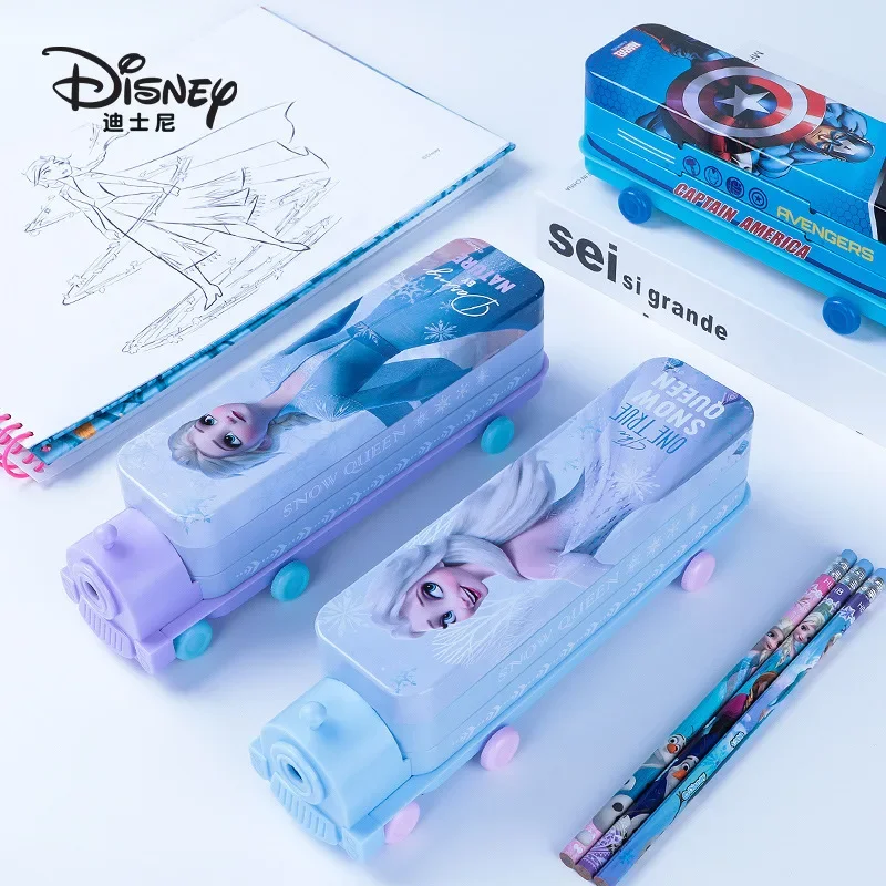 

New Disney Frozen Princess Elsa Stationery Box Kid Cartoon Double Decker Train Shape Multifunction Student Case Pencil Sharpener