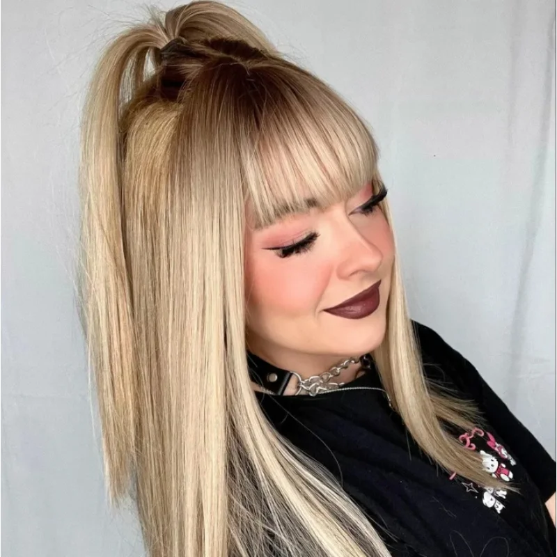 13×4 gerade dunkle Wurzel natürliche Pony Perücke Mittelteil seidig gerade mit Pony braune Perücke hitzebeständige synthetische Lace-Front-Perücke