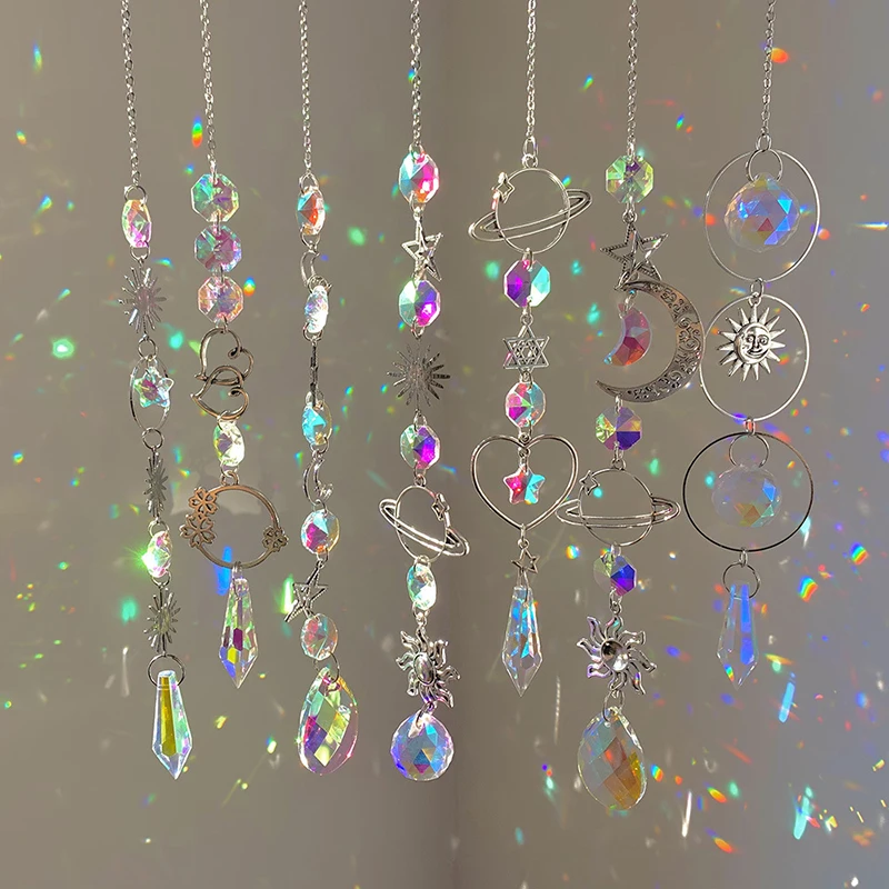 Hanging Crystal Pendant Garden Suncatcher Wind Chimes Rainbow Prism Crystal Chain for Window Drop Bell Christmas Tree Home Decor