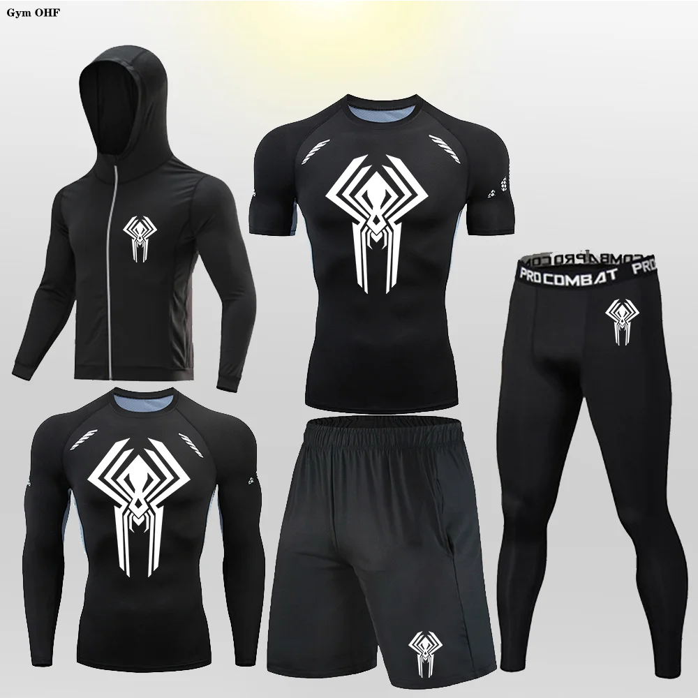 

Men's High Quality Spider Series Super Hero Running Fitness Gym Quick Drying Breathable Sports T-Shirt Set Hoodie Long Pants