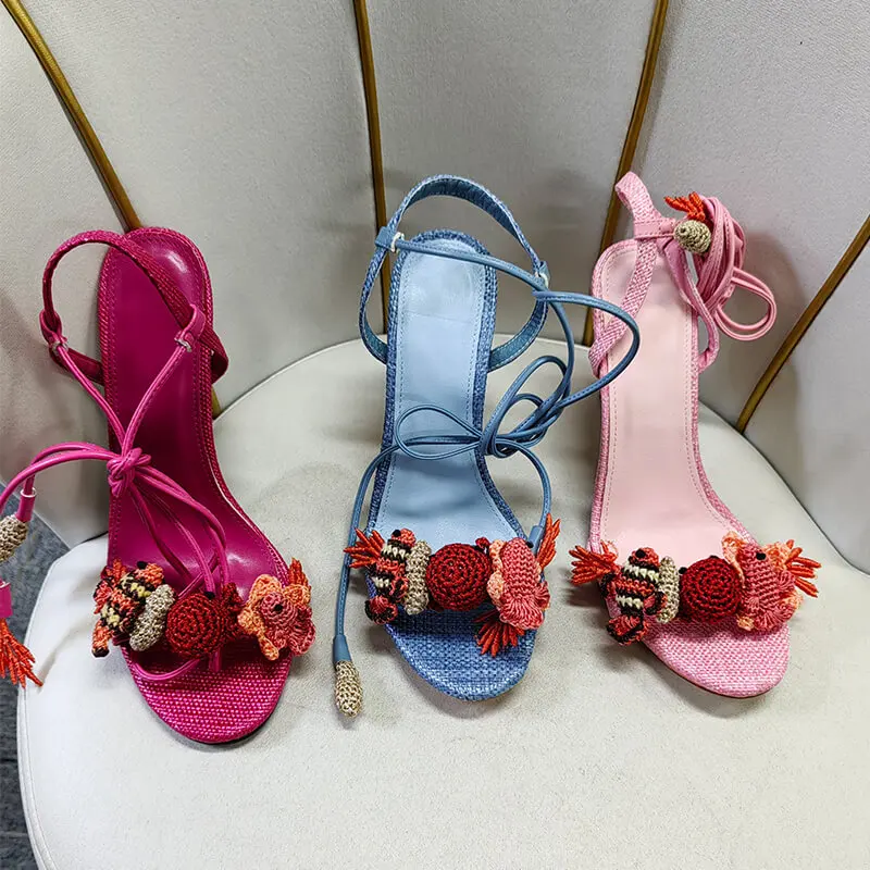 Onlymaker Women Pink Lace-Up Ankle Wrap Stiletto Sandals Embellished Open Toe Party Heeled Summer Sandals