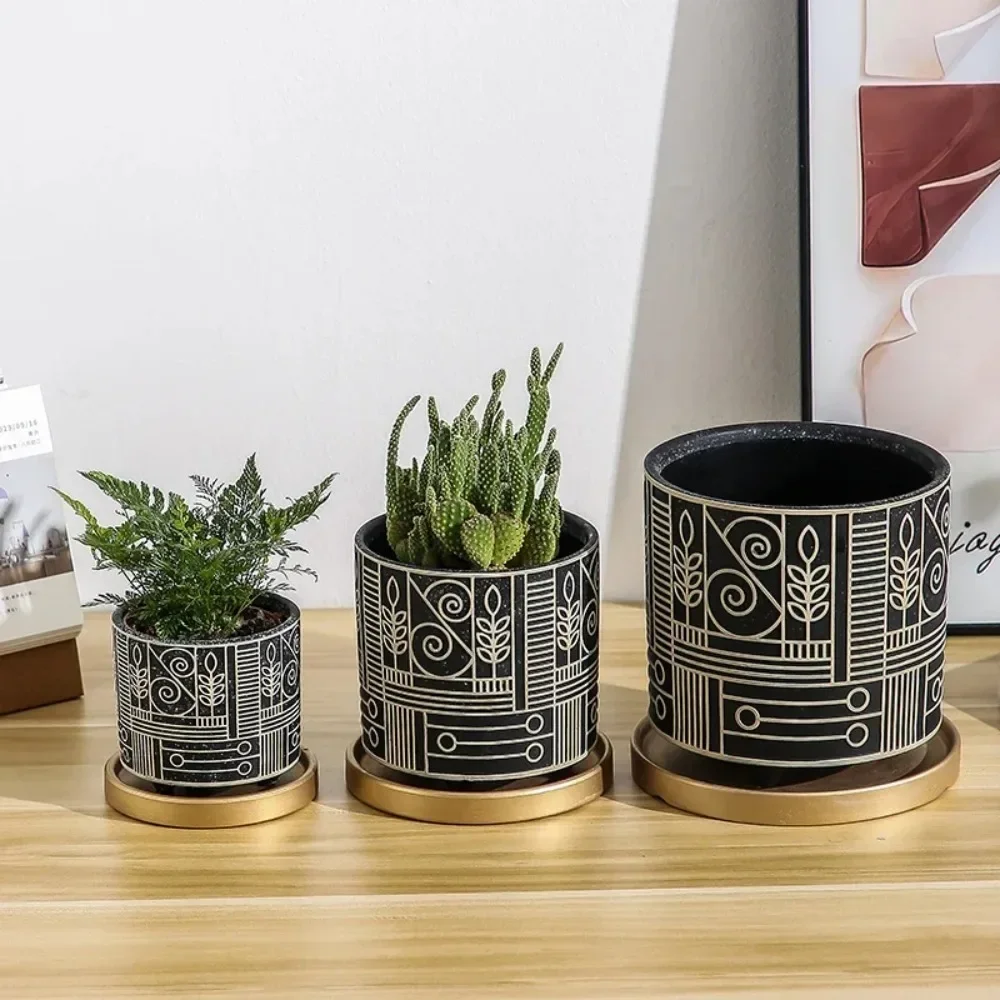 European-style Cylindrical Ceramic Flowerpot Succulent Plants Potted Garden Decoration Indoor Table Flowerpot with Golden Tray