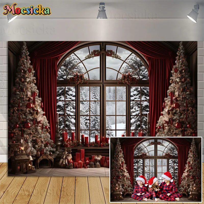 

Christmas Tree Red Curtains Photography Backdrop Family Portrait Photocall Xmas Window Winter Forest Gift Background Photostudio