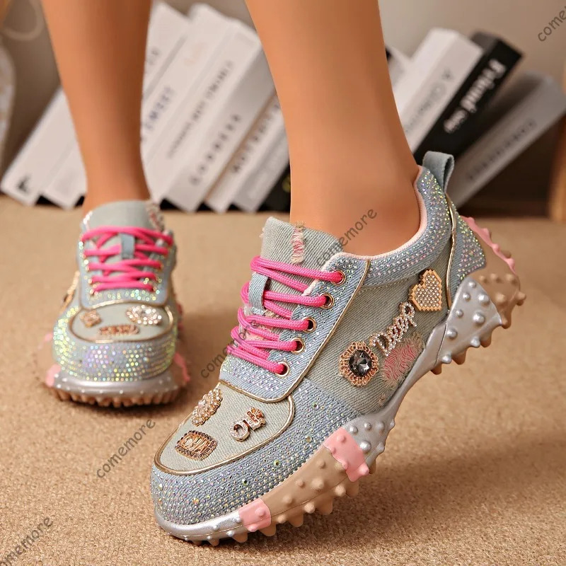 Size 35-43 Women's Rhinestone Patchwork Chunky Sneakers Lace-Up Bling Platform Shoes for Woman Studded Casual Shoes Streetwear
