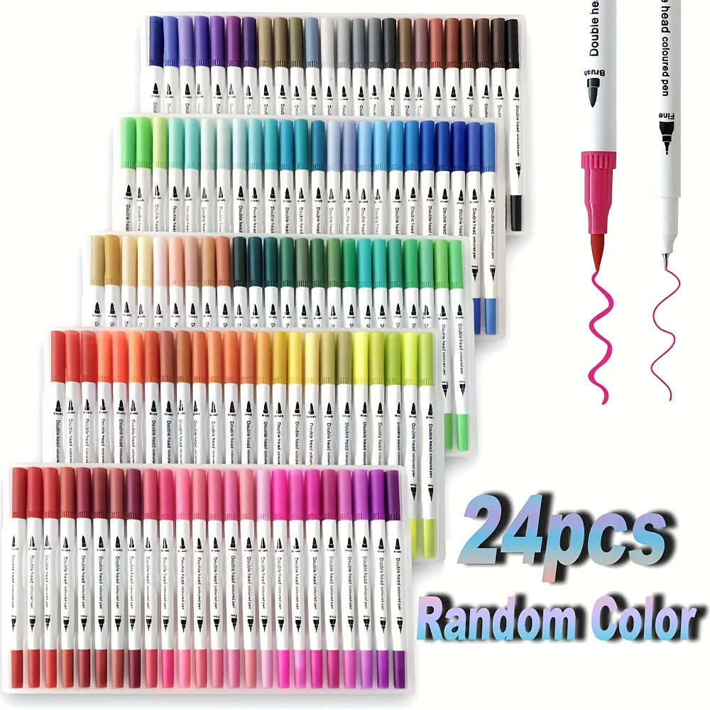 

24 ярких цветных маркера с двумя наконечниками — кисть и набор акварельных красок с тонким наконечником, моющиеся принадлежности для рисования в стиле манга для взрослых, детей, студентов