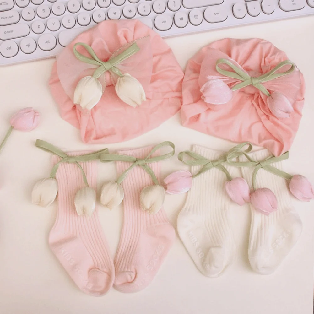 Cute Sweet Bow Newborn Cap Socks Set Elastic Fulip Flower Girls Long Sock Kids Photography Props Baby Beanies Newborn