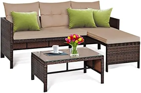 Conjunto de móveis de pátio de vime PE de 3 peças, sofá secional externo marrom com mesa de centro