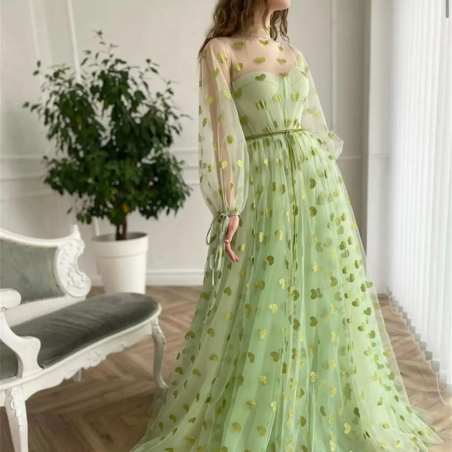 Aileen Puff Sleeves A-line Green Heart Shape Sweetheart Elegant Evening Dresses 2024 Luxury Graduation Dress Es Gala