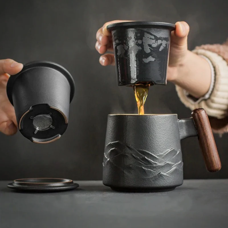 

Vintage Ceramic Mugs Wooden Handle Tea Cups with Strainer and Lid Portable Unusual Coffee Mug Personalized Gifts for Father taza