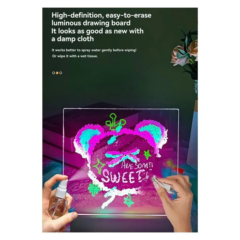 لوحة ملاحظات LED بإضاءة ليلية لوحة رسم أكريليك مع علامة رسالة للمكتب والمدرسة والمنزل B