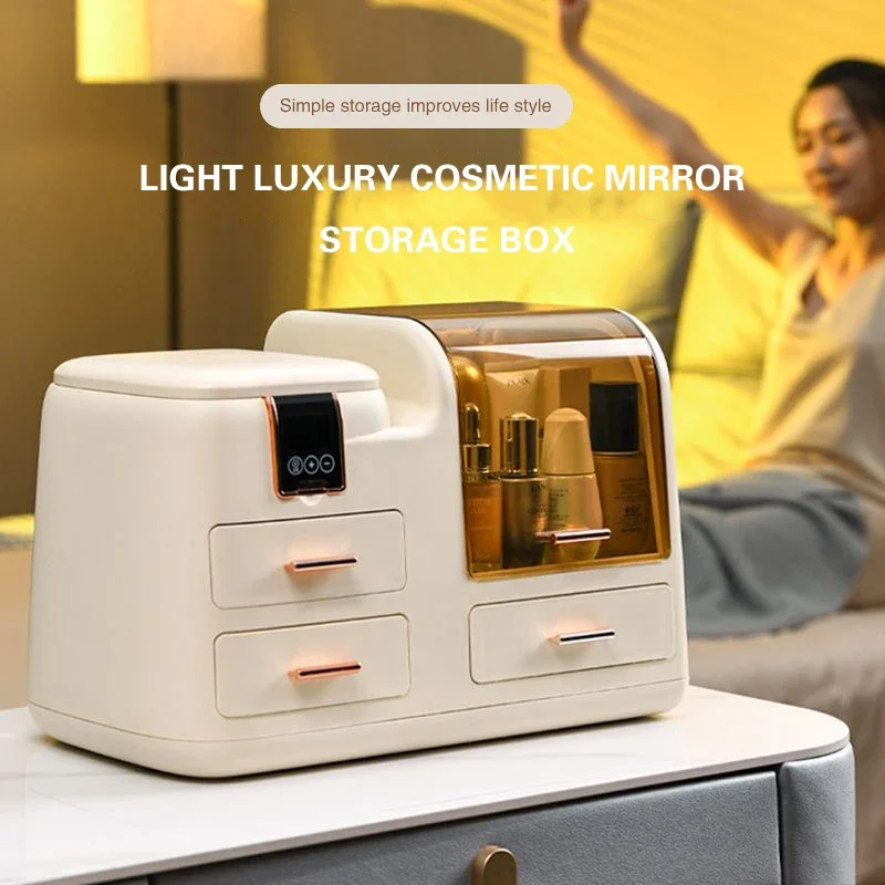 

25 CosmeticsStorageBox with Led Color-Changing Light Mirror Dust Skincare Organizer Box Large Capacity Vanity Table Home Storage