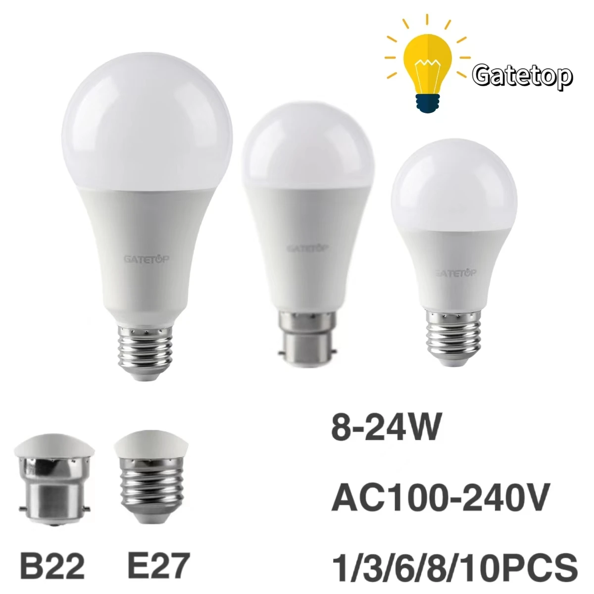 1/3/6/8/10 Pcs LED Bulb AC100-240V 8W-24W E27 B22 High Lumen No Flicker 3000K/4000K/6000K Light for Home and other Interior