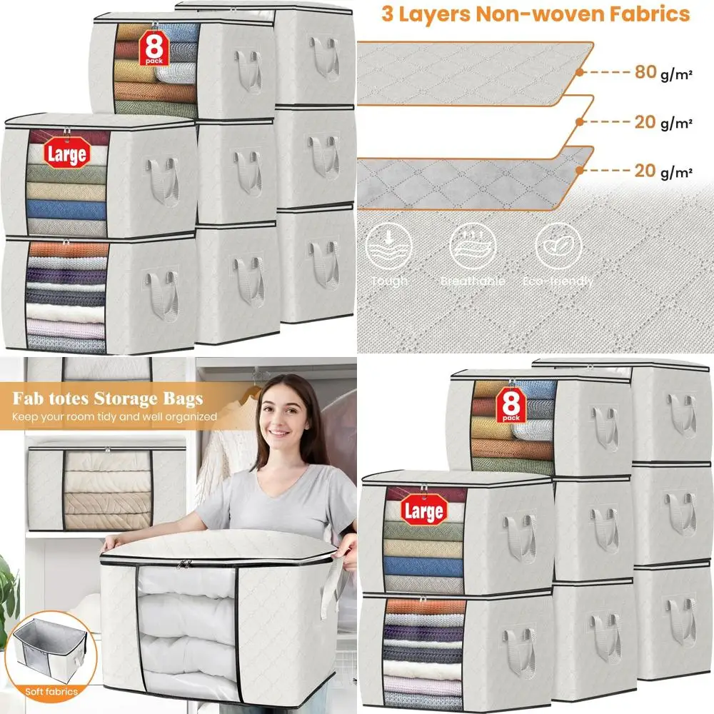 

10-Pack Ivory Thick Fabric Blanket Storage Bags with Handles for Bedroom, Closet, and Clothing Organization