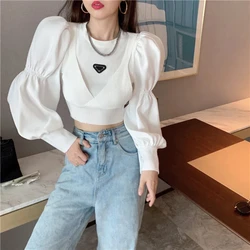 Elegant Stand Collar Solid Color Puff Sleeve Top Spring Autumn Fake Two Pieces Korean Folds Loose Spliced Women's Office Shirts