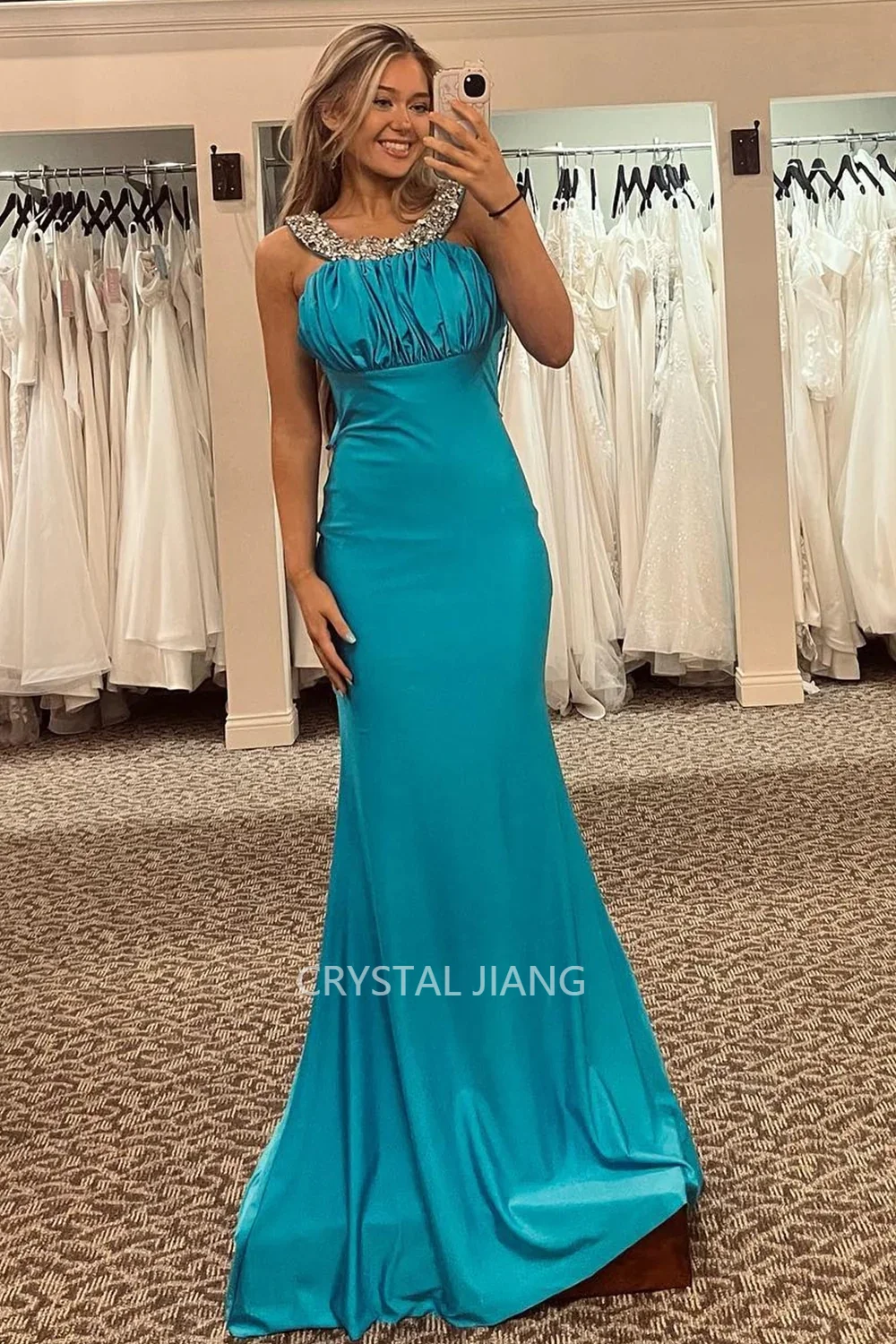 

Classy Long Strapless Beaded Satin Prom Dresses Sleeveless Backless Mermaid Sweep Train Robe De Bal Formal Occasion Dress