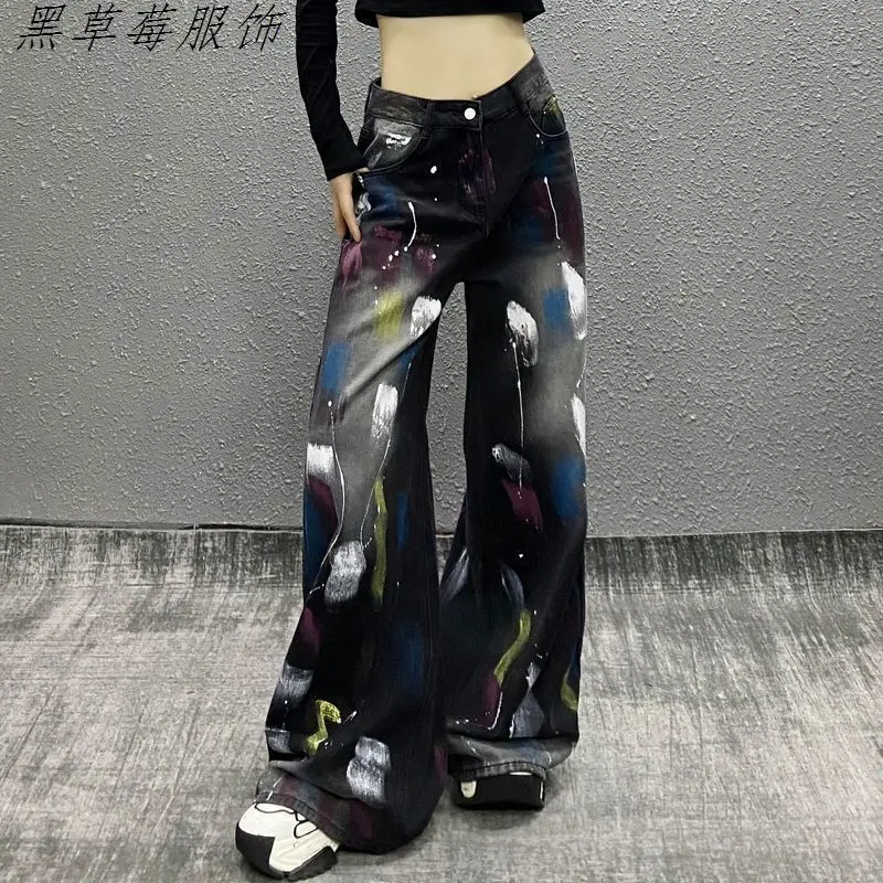 اللون مطابقة الدنيم واسعة الساق السراويل التطهير الأرضية المرأة الخريف شخصية اللوحة الجديدة عالية الخصر السراويل فضفاضة غير رسمية
