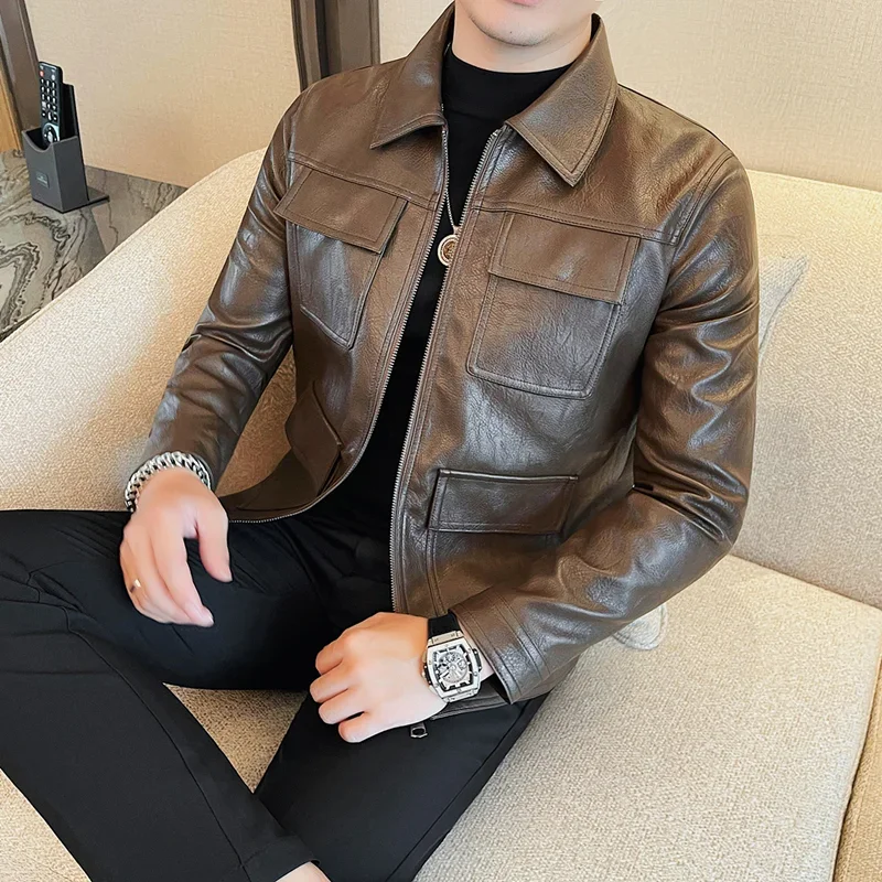 Autumn Winter High Quality Faux Leather Jacket Fashion Multi Pocket Design PU Leather Coats Man Vintage Business Slim Fit Coats