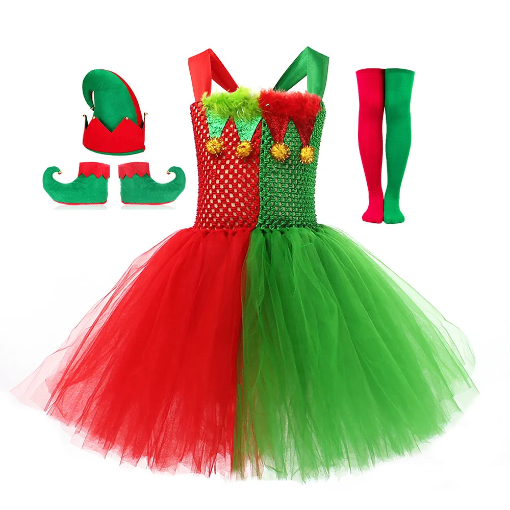 Christmas Elf Red Green Color Block Funny Tulle Tutu Dress With Accessories For Kid Holiday Party Stage Performance Fancy Outfit