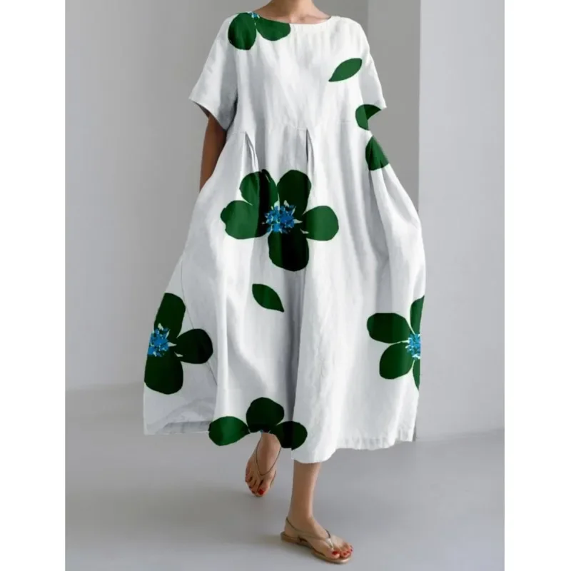 

Women Summer Dress O Neck Short Sleeve A-line Bohemian Style Dress Loose Soft Mid-calf Length Lady Beach Vacation Midi Dress